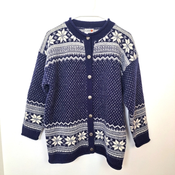 Vintage Char Navy Blue 100% Wool Fair Isle Buttom Up Cardigan Sweater Size Small - Picture 1 of 5